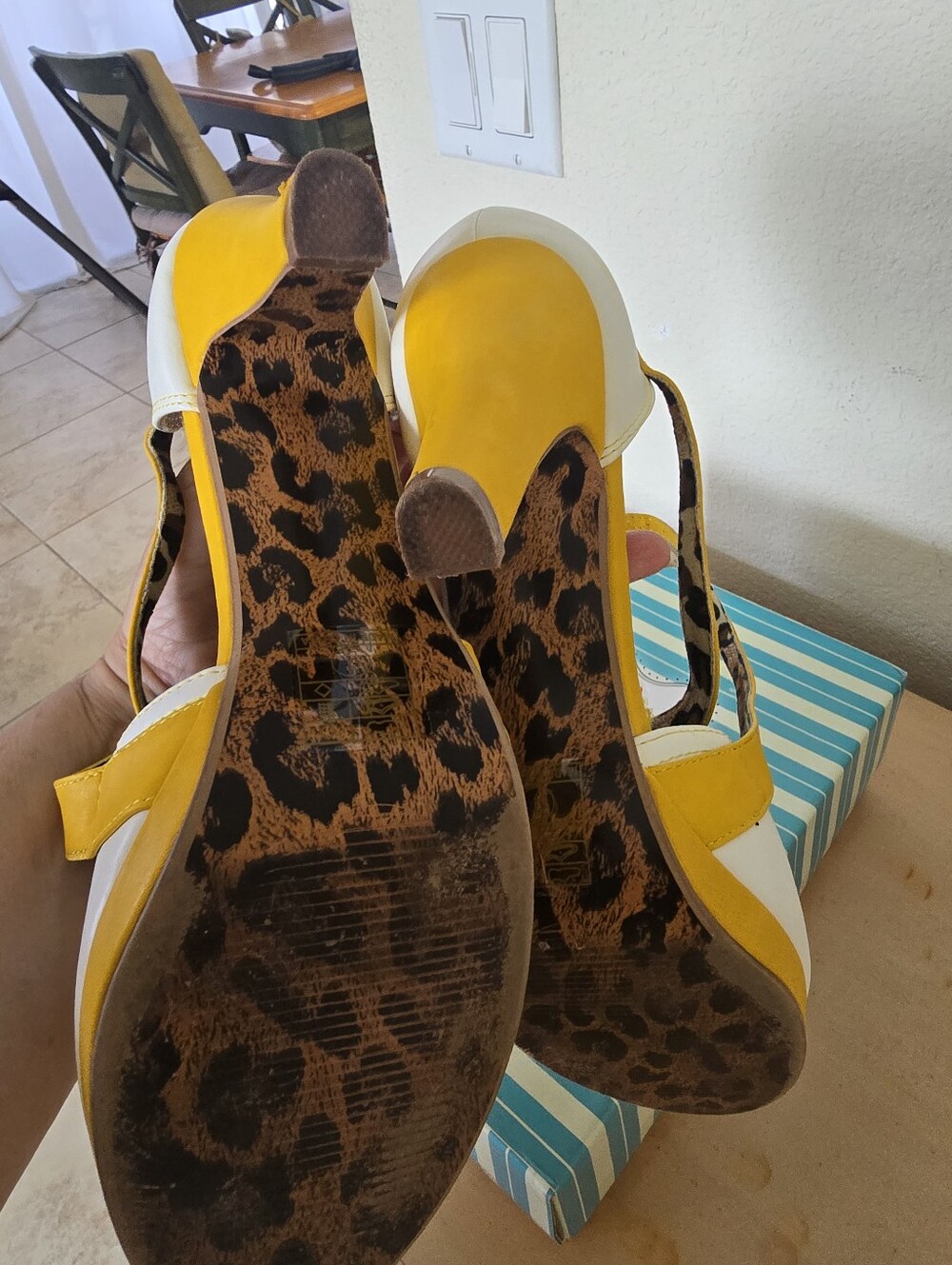 Bettie Page Yellow and White Retro Strappy Peep-Toe Heels - Picture 4 of 6
